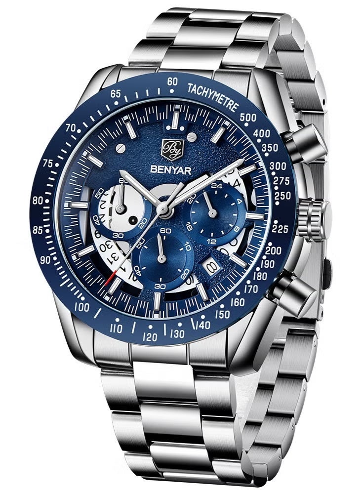 BENYAR Watches for Men Watch Quartz Luxury Stainless Steel Water Resistant Chronograph Watch 5120 Silver - Image 1